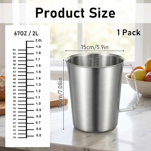304 Stainless Steel Measuring Cup 64 OZ/2 L Measuring Pitcher with Handle | 8 Cups, Metal Milk Frothing Pitcher with OZ/ML Graduations for Latte Art, Espresso Machine