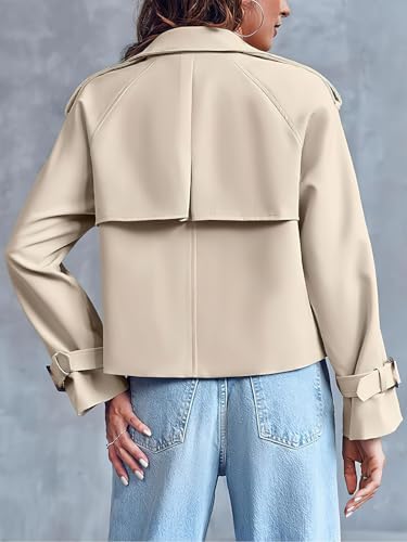 ebossy Women's Double Breasted Short Duster Trench Coat Lapel Loose Windproof Cropped Jacket Coat with Pockets - color: Beige, size: Small