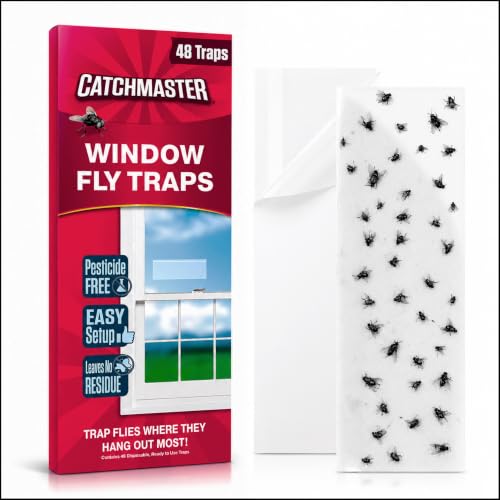 Catchmaster Window Fly Traps 48-Pack, Fruit Fly Traps for Indoors, Disposable Bulk Bug Catcher, Waterproof Insect Glue Trap, Adhesive Strips, Pest Control for Home, Kitchen, & Garage - size: 48 Standard Traps