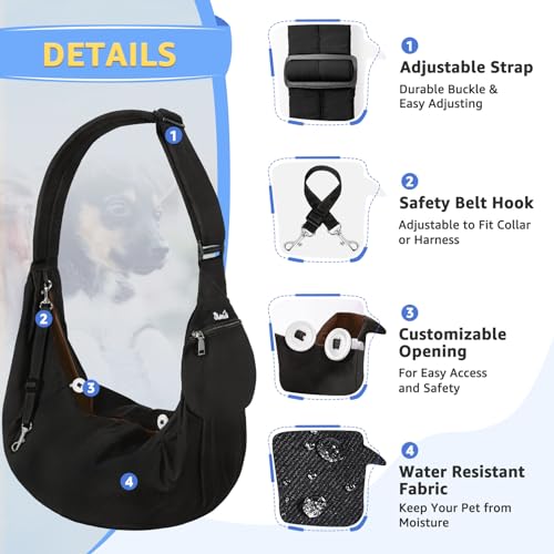 SlowTon Dog Carrier Sling - Thick Padded Shoulder Strap Adjustable, Black S | Dog Carriers for Small Dogs, Puppy Carrier Purse for Pet Cat with Front Zipper Pocket Safety Belt Machine Washable - color: C-Black Water-Resistant