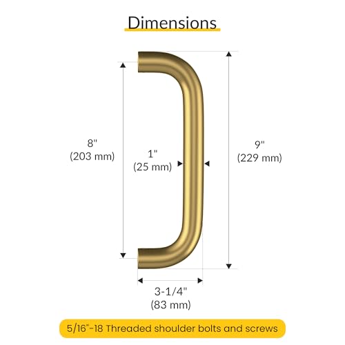 BRIXWELL Straight Back-to-Back Pull Handle Aluminum Material, Polished Brass Finish, 9" Total Length, 8" Center-to-Center, 1" Diameter, 3-1/4" Projection - color: Polished Brass, size: 9 Inch