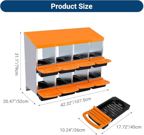 Chicken Nesting Box, 8 Hole 2 Layer Hen Nest Boxes, Roll-Away Egg Collection System with Ventilation Holes，Rustproof Plastic Tray & Keyhole Mounting, Chicken Laying Box - color: Orange, size: 8 holes
