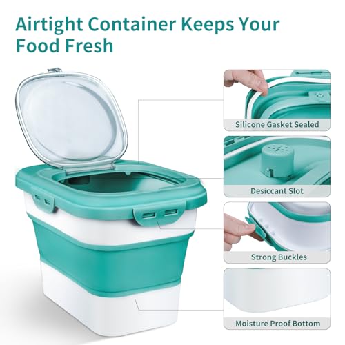 Rice Storage Container, Collapsible Airtight Food Storage Containers 6-20 Lbs, Rice Dispenser with Measuring Cup and Small Bin for Flour Cereal Pasta Grain, Cat Pet Dog Bird Food Container - color: Green
