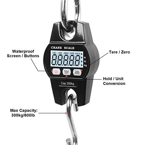 Fuzion Hanging Scale 660LB - Heavy Duty Crane Scale with Aluminum Body | Stainless Steel Hook, Hold/Tare Function, Large Display, Digital Hanging Scales for Weighing Animals, Hays, Fish, Luggage - color: Black, size: 660LB