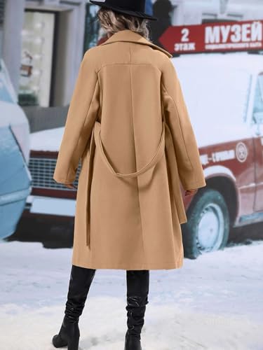 utcoco Womens Long Wool Pea Coat Notched Lapel Double Breasted Trench Coat Winter Warm Overcoat with Belt - color: Camel, size: XX-Large