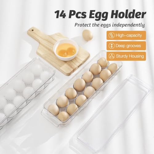 Egg Holder for Fridge with Lid, Egg Containerand for Refrigerator with Front Handle, BPA-Free Clear Plastic 14 Eggs Stackable Tray Storage for Refrigerator. (28 Eggs, Pack of 2)