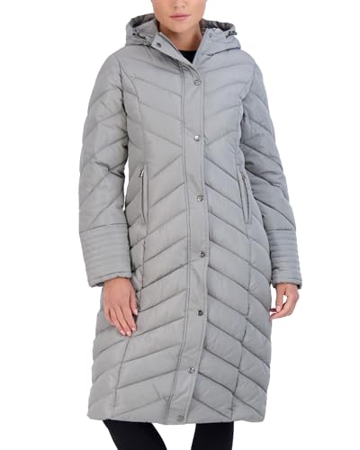 Madden Girl Womens Winter Jacket, Long Maxi Puffer Coat, Hooded Parka | Weather Resistant Full Length Warmth, Zipper and Button Closure, Cozy Insulated Hood, Zip Pockets Cold Weather Ready - color: Titanium, size: X-Large