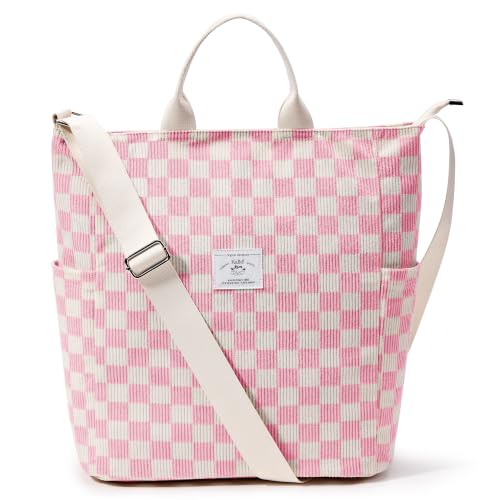 KALIDI Corduroy Tote Bag, Large Slouchy Hobo Messenger Crossbody Bag | Anti Splash Zipper Side Pockets Shoulder Bag Adjustable Strap Lightweight Casual Work Shopping Women - color: Pink Checkered