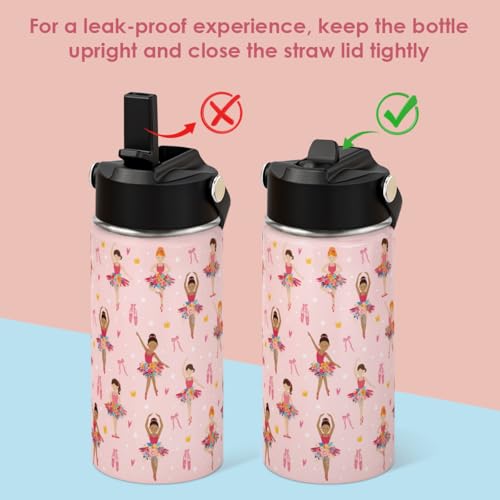SANDJEST Ballet Kid 12oz Water Bottle with Straw Lid - 2-Pack Insulated Stainless Steel Water Bottles for Kids Girls - Travel Cup for School Sports - color: Ballet + Ballet (2 Pack)