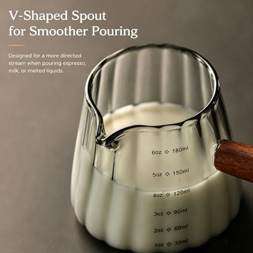 6 oz Espresso Cups - Glass Measuring Cups with Spout - Ribbed Small Creamer Pitcher- Expresso Shots Cup with Wood Handle for Coffee Milk, Dishwasher Safe (Grey, 2 pack) - color: Gray, size: 2 pack