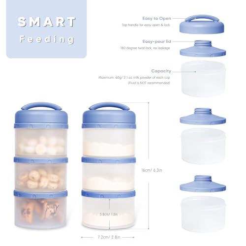 Termichy Stackable Formula Dispenser Portable: Milk Powder Container to go | Separated Compartments Premeasure Storage - Mess-Free Funnel Spout for No-Spill Pouring - for Home or Travel Use - color: Blue