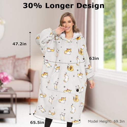 THREE POODLE Wearable Blanket Hoodie, Oversized Long Sherpa Sweatshirt Blanket for Adults Women Men, Warm Cozy Cat Hooded Blanket, Gifts for Mom Girlfriend - color: Cat, size: Adult-Extra Long