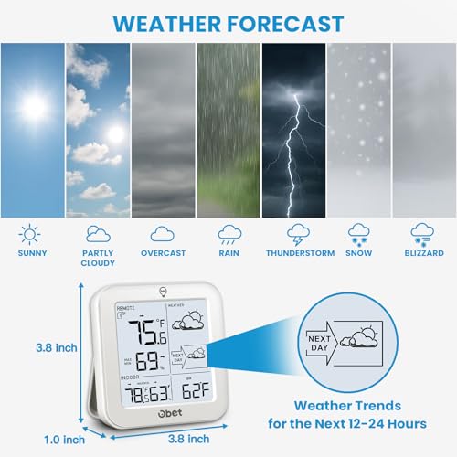 Indoor Outdoor Thermometer Wireless Weather Station Hygrometer White | Weather Forecast with Trend 500ft Range Remote Sensor Backlight Display Battery Operated Max Min Record Dew Point Pressure - color: White