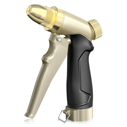 RAINPOINT Garden Hose Nozzle, 100% Heavy Duty Metal Hose Sprayer, High Pressure Water Hose Nozzle with Adjustable Spray Patterns and Flow Control for Watering Plants, Car Washing, Pet Washing, Gold - color: Gold