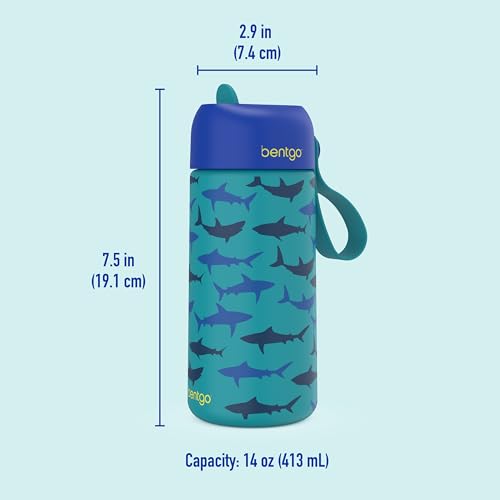 Bentgo Kids Stainless Steel Water Bottle, Leak-Proof, 14 oz, Bite & Sip | Vacuum Insulated, 18/8 Stainless Steel, 12-Hour Cold, Dishwasher Safe, BPA-Free (Sharks) - color: Sharks