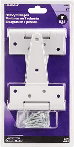 Hardware Essentials T-Hinges, 6in, 2 Pack, White Plated | Rust-resistant steel, broad strap supports heavy doors and gates on 4 x 4 posts, Includes matching screws for install