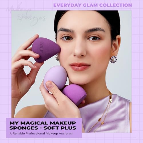 Jessup Multi-Shaped Makeup Sponge Set, Reusable Beauty Sponge Blender SP017 | Latex-Free, Ultra-Soft, Low-Waste, Easy-Clean, Flawless Blending, Precise Application for Foundation Concealer and Powder - color: Purple 3-pcs Set