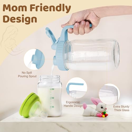 AoeJarry Breast Milk Pitcher with Leak Proof Flip Cap & Pour Spout, 32 oz Wide Mouth Mason Jars for Breast Milk Storage Container, Glass Picther with Lid for Cold Brew Coffee, Sun Tea, Juices, Blue - color: Blue
