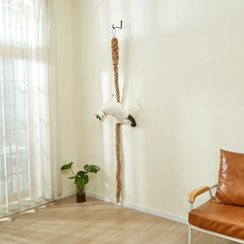 SHENGOCASE 1.9" x 6.56Ft Cat Climbing Jute Rope with Hook, Wall Mounted Furniture for Indoor and Outdoor Cat, Cimbing Pole (6.56 Feet) - size: 6.56 Feet