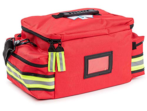 Scherber First Responder Fully-Stocked Professional Essentials EMT/EMS Trauma Kit | HSA/FSA Approved | Reflective Bag w/8 Zippered Pockets & Compartments & 200+ First Aid Supplies - Red - color: Red