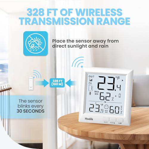 Indoor Outdoor Thermometer Weather Station Wireless, Digital Room Thermometer with Large LCD Display, Temperature Humidity Monitor with 330FT Range Sensor and 3 Adjustable Backlight (One Sensor)