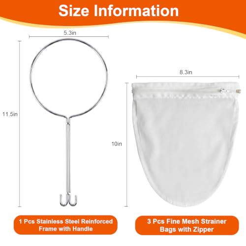 Nut Milk Strainer Bag Set, 3 Filters & 1 Stainless Handle | Secure Closure & Stainless Steel Handle, Washable Fine Mesh for Pulp-Free Nut Milk, Juice & Cold Brew