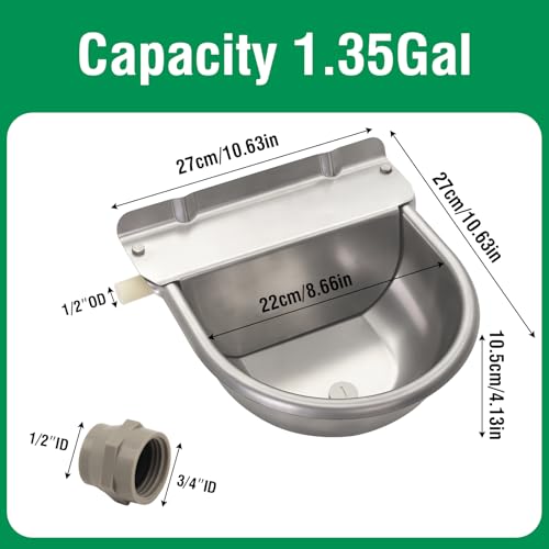 Automatic Horse Waterer Large Livestock Water Bowl 1.35Gal Stainless Steel Trough for Cattle Cow Pig Sheep Pet Dog