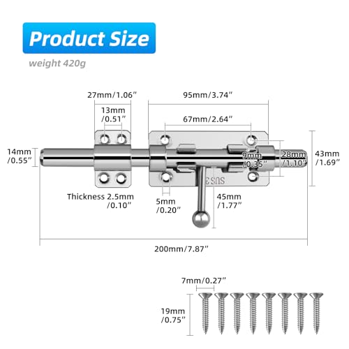 Barrel Bolt Latch, 7.9" Heavy Duty Gate Latch Slide Lock Solid 304 Stainless Steel Bolt Lock for Inside Door, Finished Shed Door Latch (Silver) - color: Silver 8inch