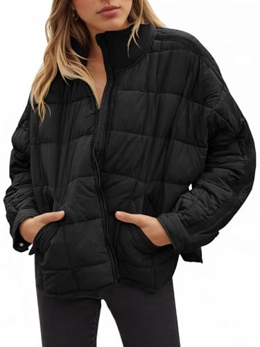 GeGekoko Women's Lightweight Oversized Long Sleeve Zip Water Resistant Packable Puffer Jacket Warm Short Winter Coat - color: Black, size: Medium