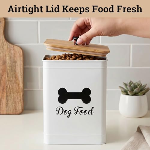 Metal Dog Food Container 5-7lb, 25 Cup w/ Airtight Bamboo Lid, Metal Handle | Pet Jar For Dogs up to 50lbs, Airtight Bamboo Lid, Sturdy Comfortable Metal Handle, Powder Coated Iron, Kibble Storage Bin - color: White: Bone