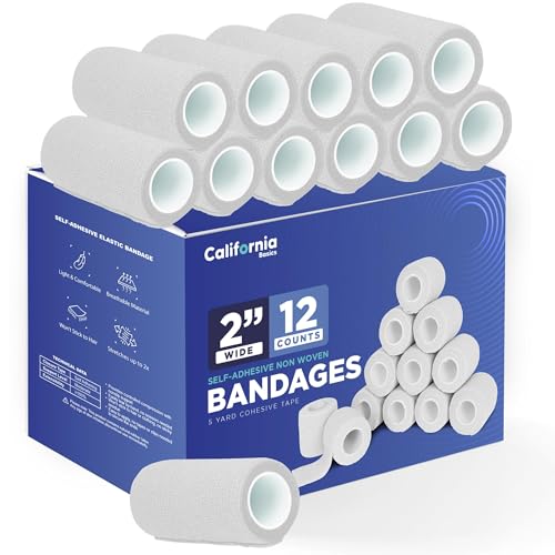 California Basics Self Adhesive Bandage Wrap - Self Adhering Non Woven Cohesive Bandage Rolls - Stretch Wrap - Multi Colored Athletic Tape for Wrist - Waterproof (2 inch- 12 Pack- White) - color: White, size: 2 Inch x 5 yard- Pack of 12
