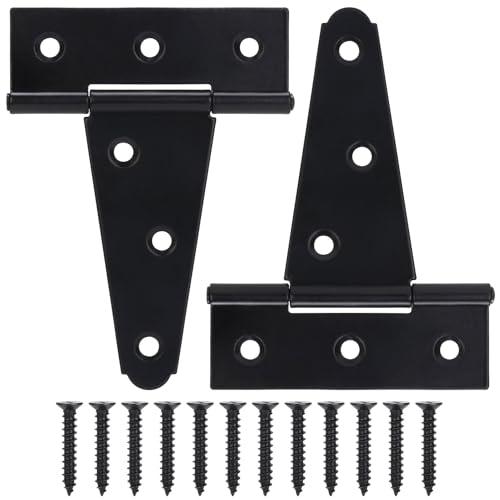 4 Inch T-Strap Gate Hinges, Shed Barn Door Hinges Heavy Duty, Black Tee Hinges for Wooden Fences, Yard Gate, Wrought Hardware Iron Rustproof (2 Pack/Set) - size: 4 Inch