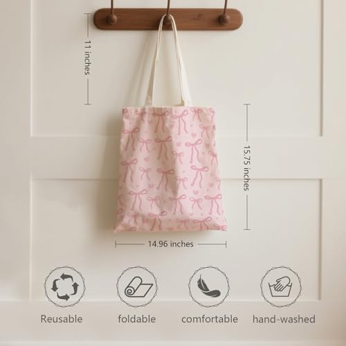 Aesthetic Canvas Tote Bag for Women - with Magnetic Snap Closure & Zipper Inner Pocket Reusable Totes Bag - color: Bow1