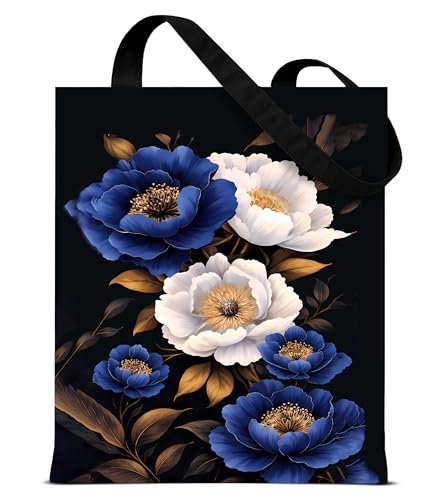 Aesthetic Floral Canvas Tote Bag - Reusable Shoulder Tote Bag for Women Lady Casual Vacation, Shopping, Work, Gym - color: Dark Floral_01