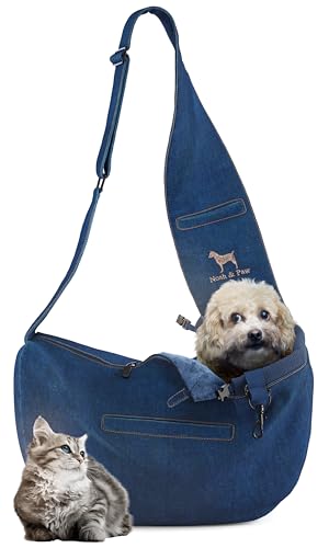 Noah & Paw Dog Sling Carrier for Small Dogs 3-10lb, Dog Sling for Small Dogs and Cats, Dog Carrier with Adjustable Padded Strap, Vegan Denim Lined with Fur, 3X Safety Features, Machine Washable - color: Light Blue, size: 15.0"L x 6.0"W x 5.5"H