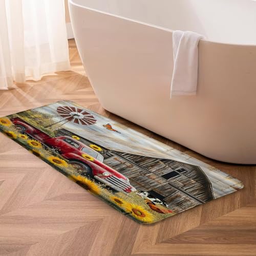 Sunhe Rustic Farmhouse Bath Mat Retro Red Truck Farm Barn Windmill Sunflower Vintage Country Nature Scenery Memory Foam Home Office Door Bathroom Decor Mat,24"x48" - size: 2' x 4' (Rectangular)