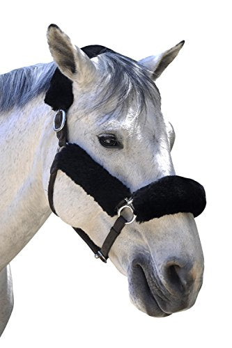 Merino Sheepskin Halter Fleece Set for Horses, 100% Natural Wool, Chafe Protection, Breathable Relief & Cushioned Comfort, Machine Washable, 4-Piece Set, Black - color: Black