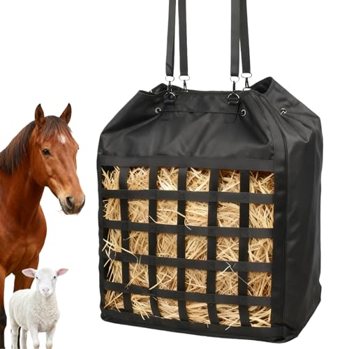 Extra-Large 25×21×9 in Slow-Slow Feed Hay Bag with Drawstring Closure & Rope-Head Pocket – Heavy-Duty Oxford Fabric Horse, Donkey & Goat Hay Feeder – Prevents Waste & Enhances Safety