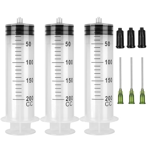 3 Pack 200ml Syringes with Needle 14G 1.5”, Sterile Luer Lock Syringe Individually Packaged for Scientific Labs, Measuring, Watering, Refilling - style: 200 ml