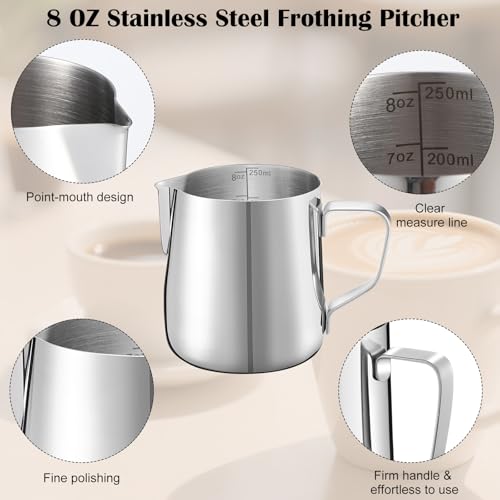 Honeydak 12 Pcs Milk Frothing Pitcher 304 Stainless Steel Steaming Pitchers for Coffee Bar Cappuccino Barista Tools Milk Jug Steamer Frother Cup (8 oz) - color: bright silver, size: 8 oz