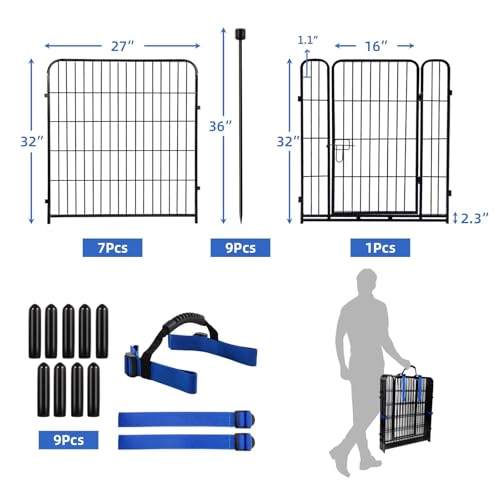 ADAVIN 32 in(H) Garden Fences and Borders,1 Gate+7 Panels Dog Fence Outdoor for Yard, Heavy Duty Iron Metal Animal Barrier Fence, Portable Fence, Flower Garden Fencing,Total 17.7 Ft(L), Black - size: 8panels-32in(H)×17.7ft(L)