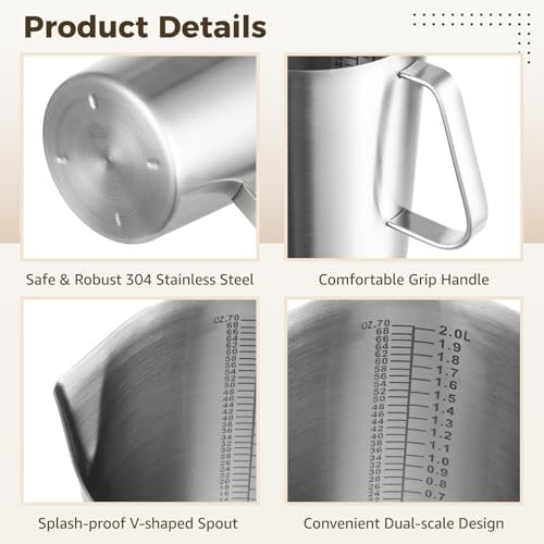 Stainless Steel Pitcher with Lid, 2 L/70 oz Measuring Cup with Dual-Scale Markings, Milk Frothing Jug, Large Beaker for Espresso Machine, Hot/Cold Water, Latte Art, Iced Tea, Coffee Drinks