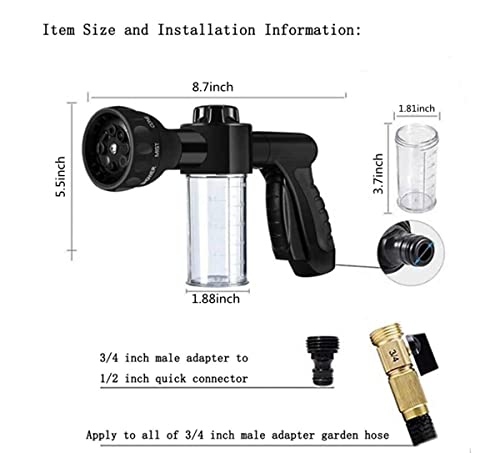Garden Hose Nozzle Adjustable Hose Spray Nozzle High Pressure 8 Watering Pattern with 3.5Oz Soap Sprayer Power Garden Water Hose Foam Nozzle Sprayer for Car Washing Pet Shower Black