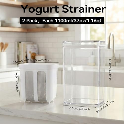 2 Packs Yogurt Strainer, 1100ML/37OZ Capacity Yogurt Strainer Separator with Stainless Steel Fine Mesh and Lid for Thick Greek Yogurt Soybean Milk Kefir Berries Fruit Juice Coffee
