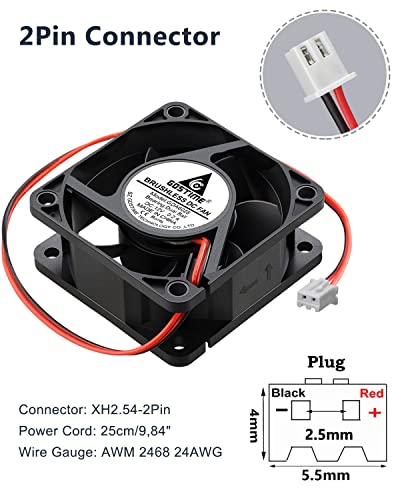 GDSTIME 60mm x 60mm x 25mm 12V 2Pin Dual Ball Brushless DC Cooling Fan 2Pcs | 4500RPM, High Speed, for PSU, Incubator, Battery box, DIY Console Exhaust Ventilation - 6025 - size: 60x25mm