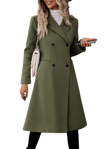Danedvi Womens Long Double Breasted Coats Lapel Collar Pea Coat Winter Slim Fit Jackets Trench Coat Outwear - color: Army Green, size: XX-Large