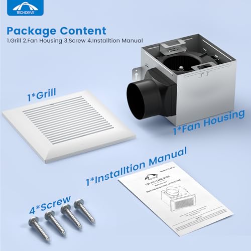 Tech Drive Bathroom Fan,80 CFM 1.5 Sone,4 Inch Duct,Very Quiet | No Attic Access Needed, HVI and Energy Star Certified, Easy to Install for Bathrooms Up to 85 Sq. Ft - size: 80CFM