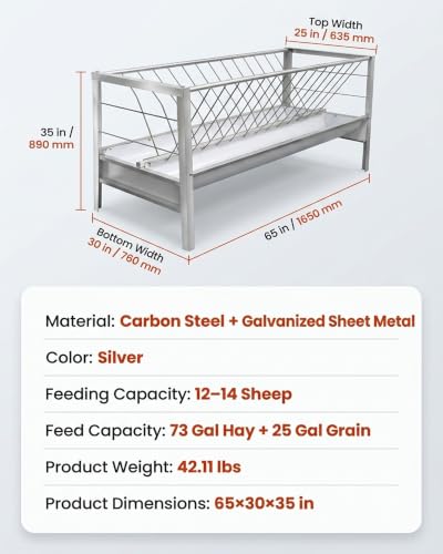 5.5 Ft Long Goat Hay Feeder with Deeper Feeding Pan, 98 Gallon Capacity Livestock Hay Feeder, 2 in 1 Grain & Hay Feeder, Galvanized Steel Grain Holder for Goats, Sheep and Ponies