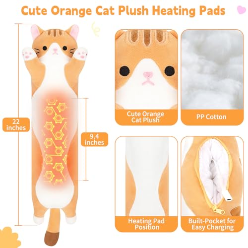 Orange Cat Plush USB Heating Pad for Period Cramps Menstrual | 22” Cat Heated Plush Stuffed Animal, Portable Indoor Outdoor Use, Electric Kitten Plush Heating Pad for Women Mom Girls Gifts - color: Orange Cat Heating Pads