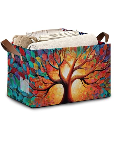 Tree of Life Storage Basket with Handles,Colorful Collapsible Rectangle Organizer Bin for Room Decoration Books Box Baskets 17x11.5x10Inch - color: Tree of Life Colorful